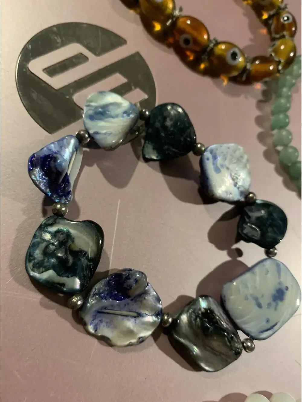 Blue and Black Marbled Resin Beaded Bracelet